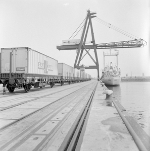 859250 Afbeelding van de overslag van containers van rederij Sea-Land in de Beatrixhaven te Rotterdam.